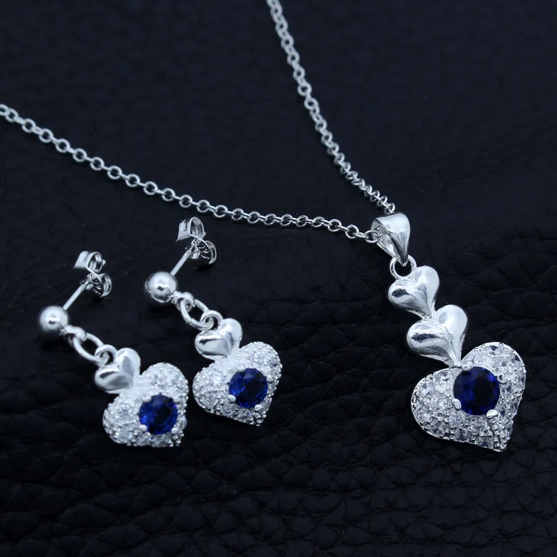 925 Sterling Silver Needle Trendy Heart Crystale Statement Jewelry Set For Women Necklace Earrings Set Valentines Day Gift