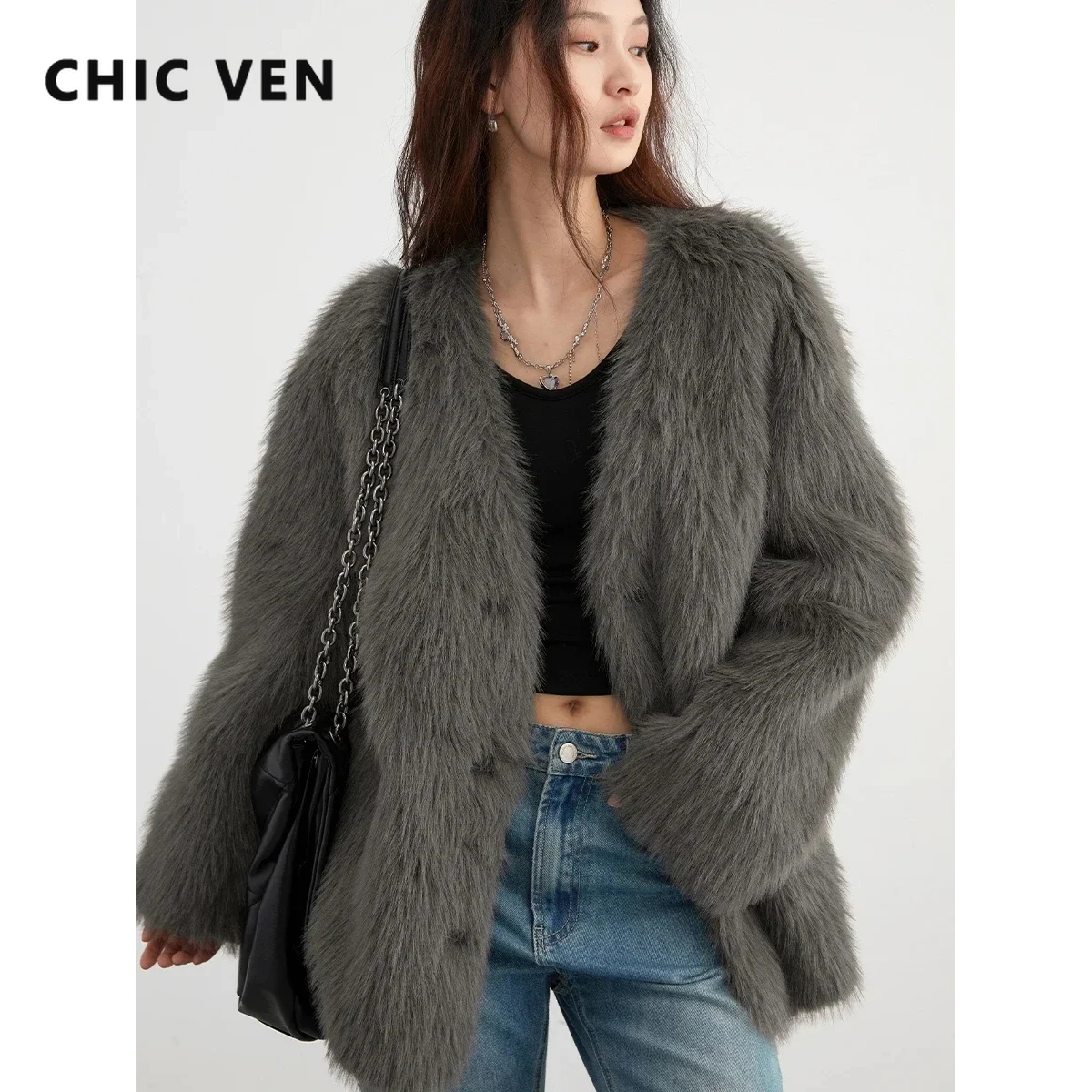 

CHIC VEN Women's Jackets Korean Solid Loose Fluffy Overcoat Fashion Plush Warm Faux Fur Female Clothing Spring Autumn New 2024