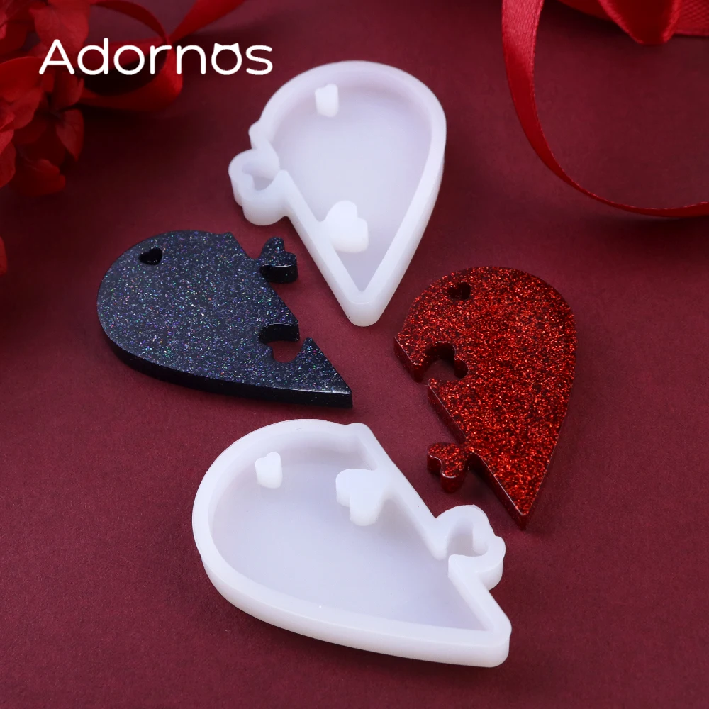 2 pcs/set Love Locks Heart Puzzle Epoxy Resin Molds Couple Necklace Charm Valentine DIY Keychains Pendants Jewelry Making Tools