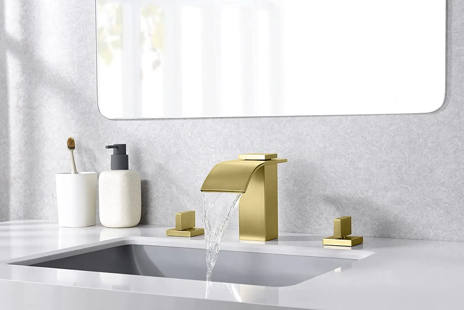 Luxury Brushed Gold Brass Waterfall Bathroom sink Faucet 3 Hole 2 Handle Copper Widespread Cold hot water Basin mixer Tap