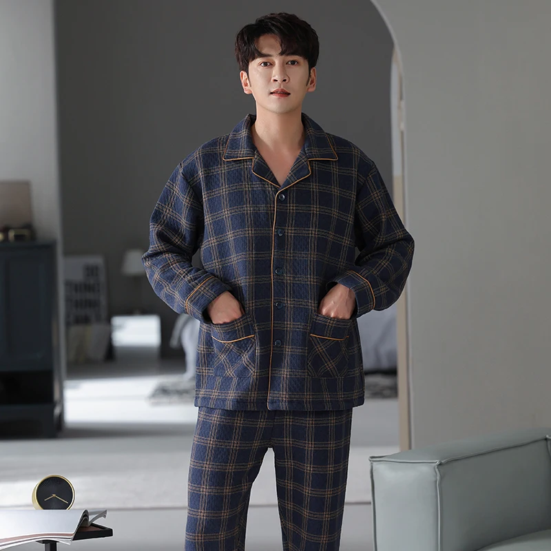 3XL-6XL Laminated air cotton pajamas men autumn and winter thick long-sleeved home service male warm 3 layers thin quilted suit