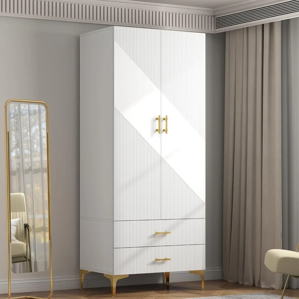 Wardrobe Armoire with 2Drawers,2Doors and Hanging Rods,Twill Wooden Closet Storage with Metal Cabinet Legs,White20.4x31.5x76.77H