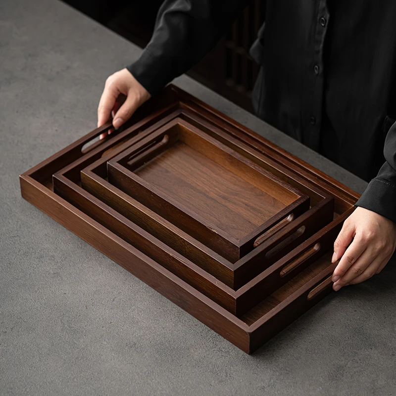 Large Size Rectangular Bamboo Wood Tea Tray Display Plate Walnut Color Tea Set Cup Storage Handle Home Use Japanese Style Tea...