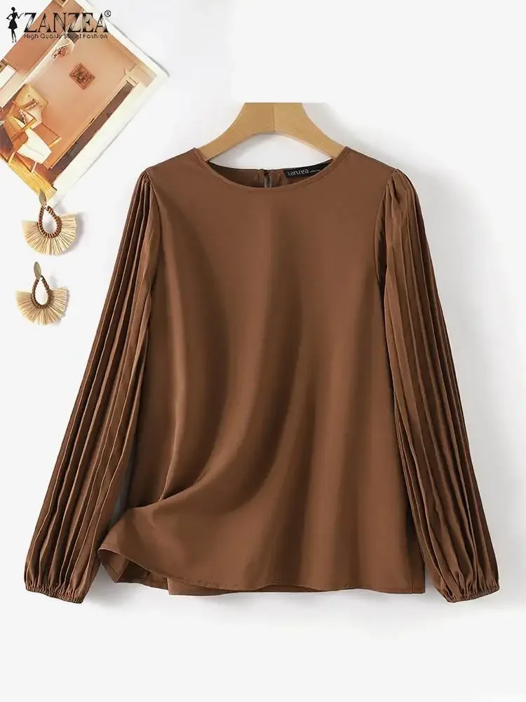 ZANZEA Fashion Pleats Long Sleeve Blouse Women Vintage Tops 2025 Autumn Round Neck Shirt Holiday Causal Loose Solid Color Blusas