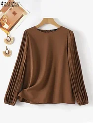 ZANZEA-Blusa de manga larga con pliegues para mujer, camisa de cuello redondo, holgada, informal, Color sólido, Estilo Vintage, para vacaciones, otoño, 2023