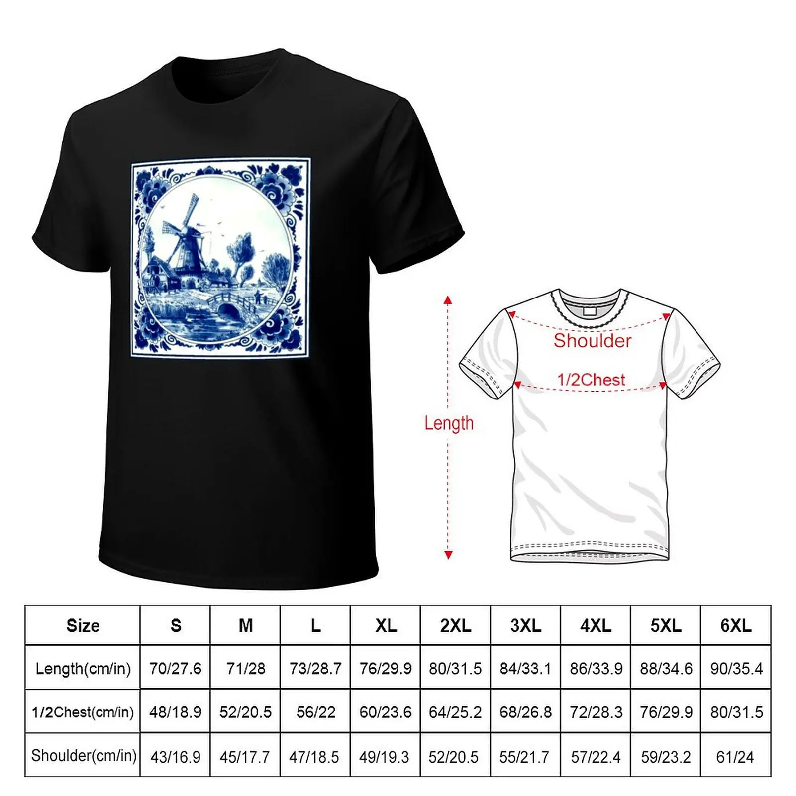 DUTCH BLUE DELFT : Vintage Windmill and Bridge Print T-Shirt anime t shirts graphic t shirts custom t shirt mens shirt