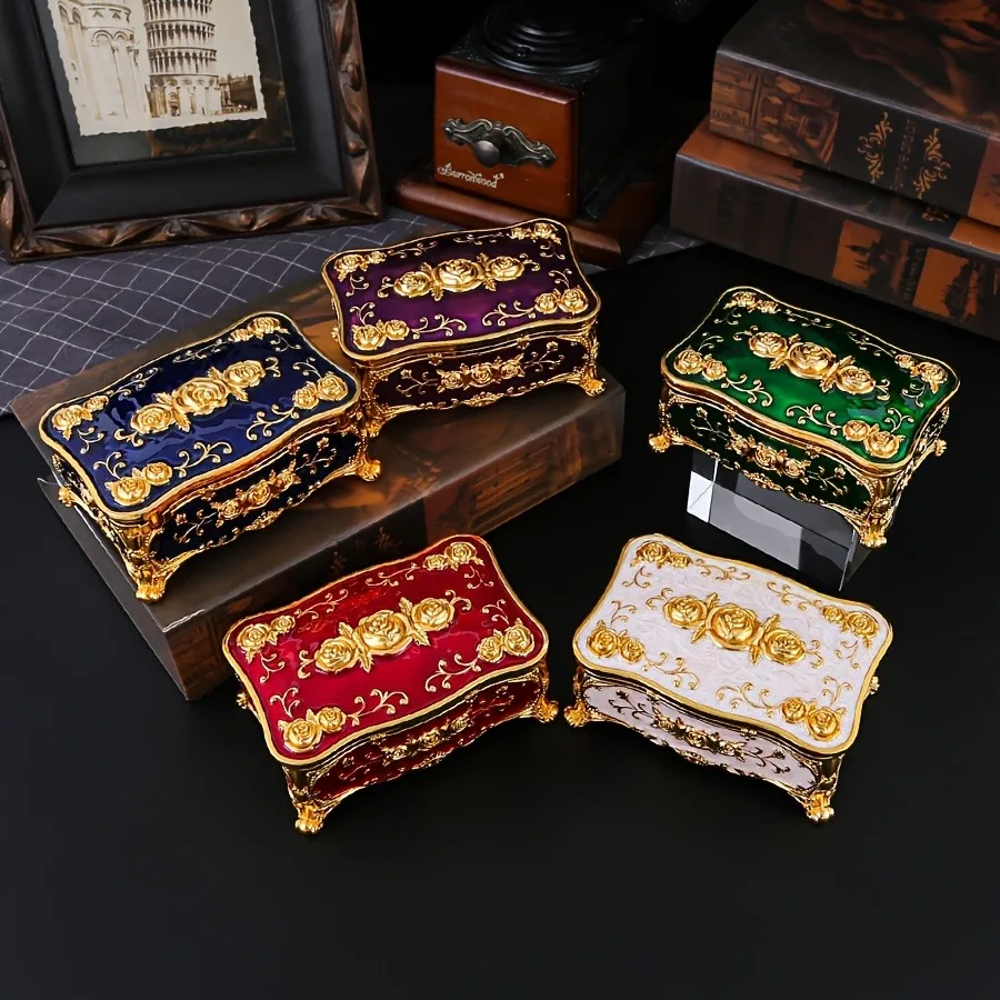 Boîte à bijoux vintage européenne en métal émail avec couvercle peint à la main - Cadeau de vacances parfait (Saint-Valentin, Nouveau lunaire, Ramadan)