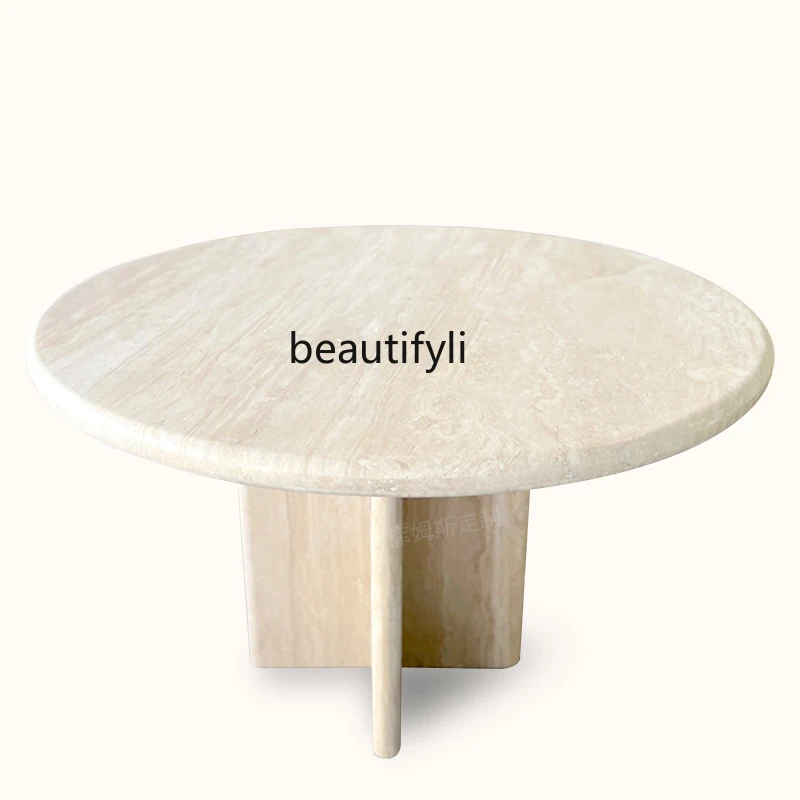 

Natural travertine dining table designer coffee shop western restaurant dining table wabi-sabi style round dining table