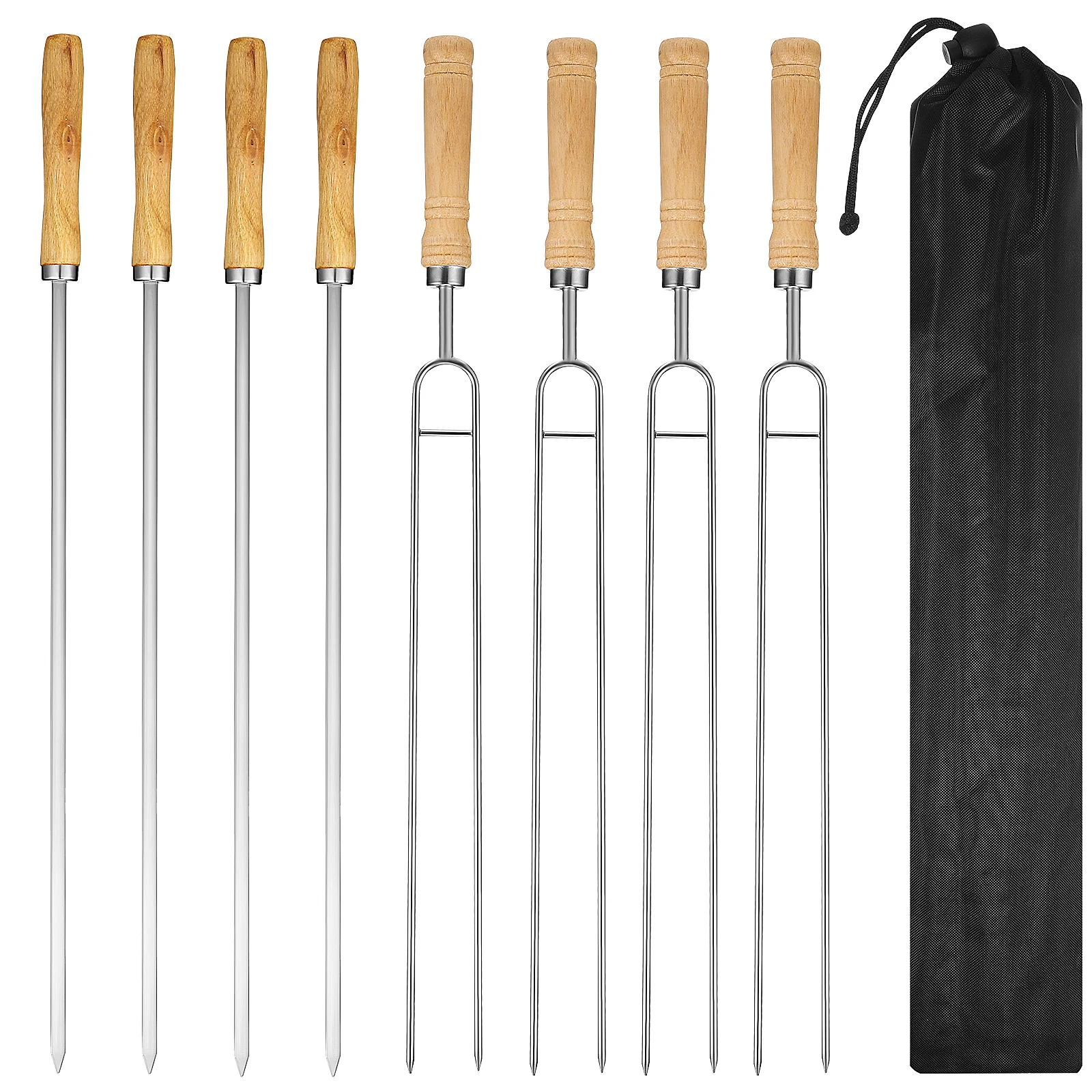 

8pcs Stainless Steel Bbq Skewers Wooden Handle Barbecue Fork Roasting Stick For Grilling Camping Picnic Serving Kabob Meat Tool