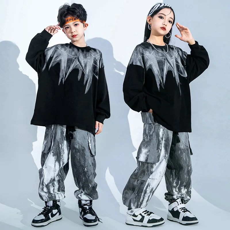 Street Dance Children Clothing Boy Girls Hip-hop Jazz Dance Sweatshirt+Tie Dye Sweatpants  Performance Stage Practice Clothing