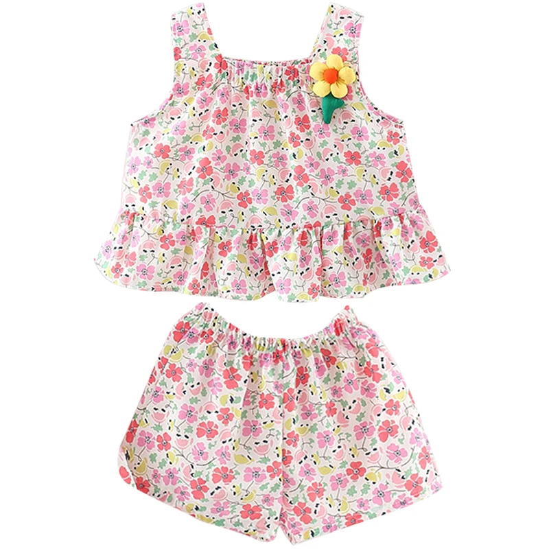 

2Piece Summer Toddler Girl Summer Outfit Korean Baby Clothes Fashion Cute Flowers Sleeveless Cotton T-shirt+Shorts Set BC384