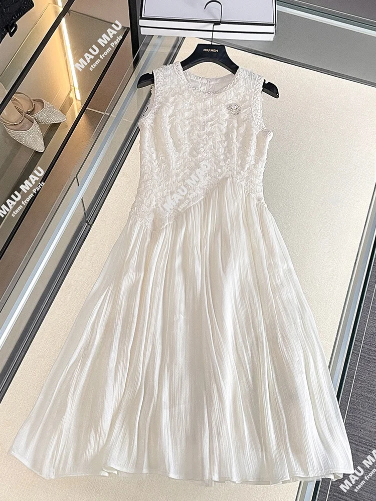 Summer High-End Women's Long Tea Rose Embellied Vest Dr Ele Commute Sle Midi A-Line Skirt Bal round Ne Dr