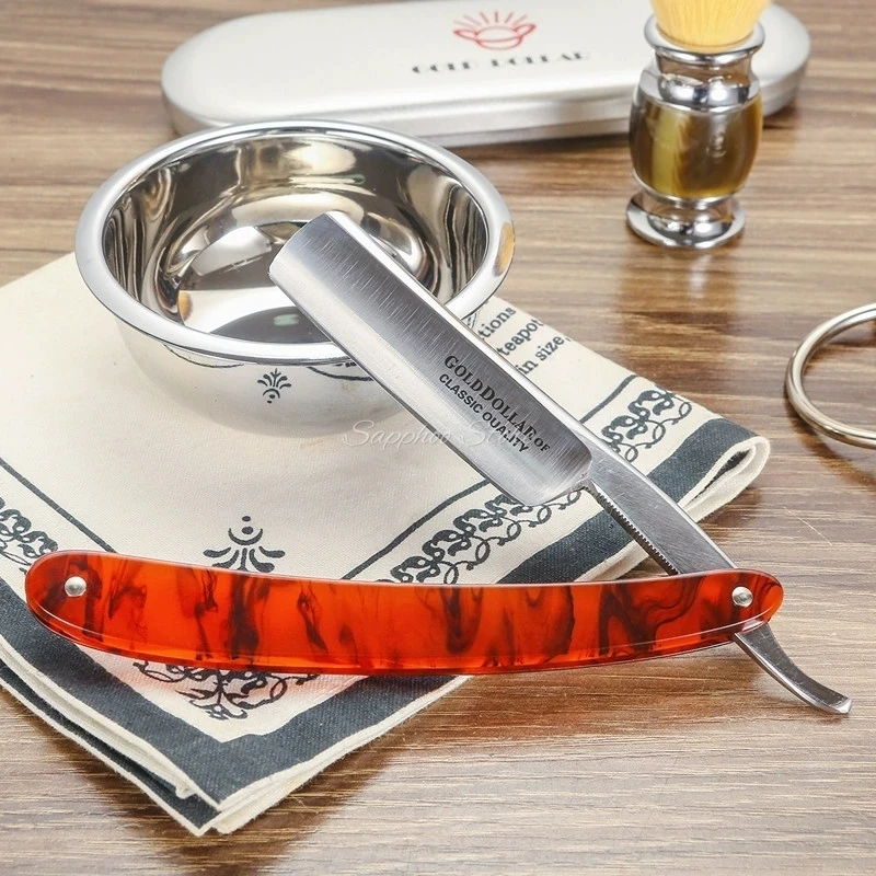 Gold Dollar Iron Boxed High Carbon Steel Straight Edge Razor  Pro Hair Salon Beard Shaver Acrylic Steel Handle Beautician Tools