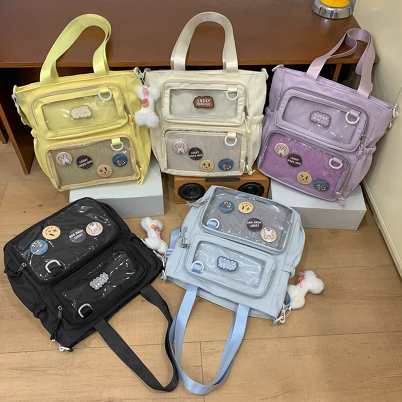 Japanese Academy Girls Versatile Minimalist Class Shoulder Crossbody Bags Transparent Bar Cute Basic Baby Pain Bags Nylon Itabag