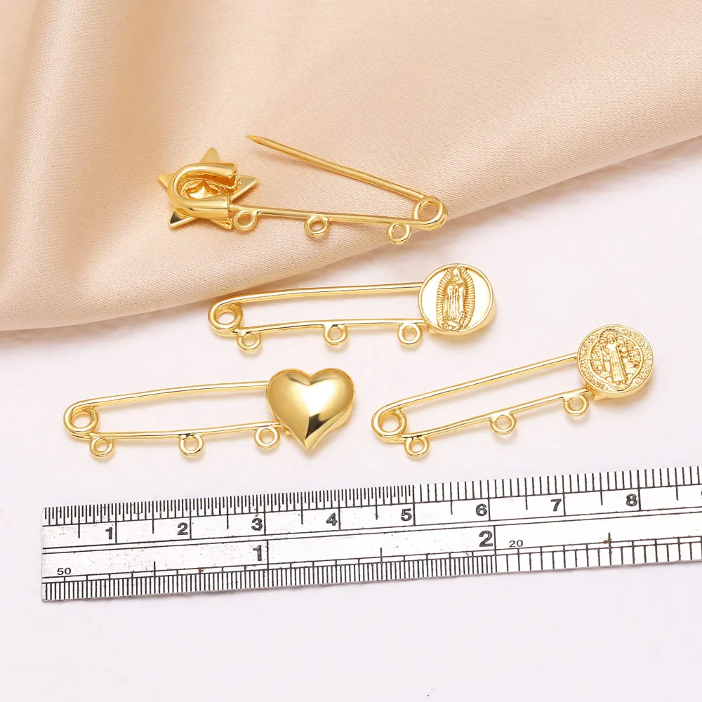 OCESRIO Safety Pin Pendant for Jewelry Making Gold Plated Heart Star Virgin Mary Multi Loops Brooch Jewelry Craft pdtb865