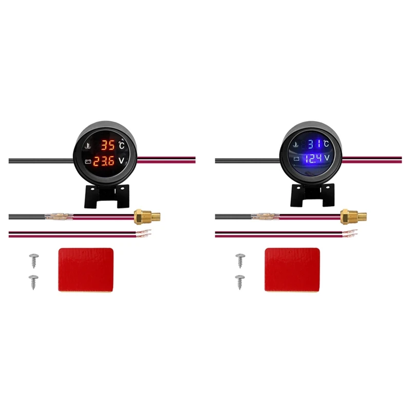 Round Led Digital Car Truck Water Temp Gauge Temperature Sensor Temperatura Moto + Voltmeter Volt Voltage Meter 2 In 1