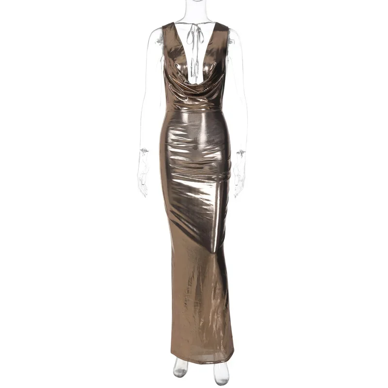 Metallic Gilding Bodycon Maxi Party Dress Women Sexy Draped V-neck Sleeveless Lace Backless Clubwear Long Robe Birthday Outfit