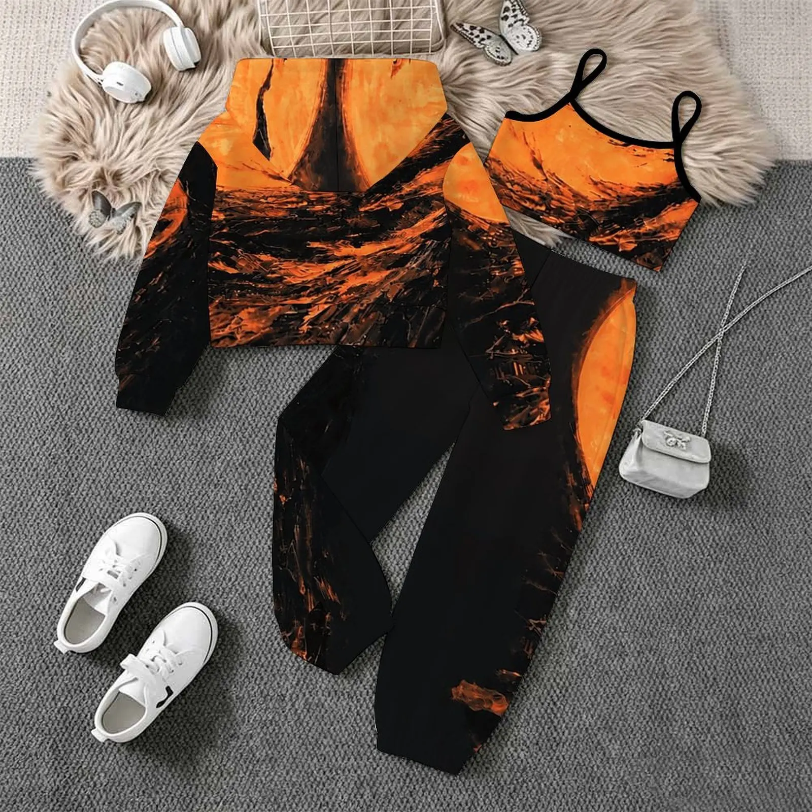 Autumn Winter Girls' Printed Three Piece Fashion Coat All Hallows' Day Vest Daily Pants Children's Jogging Pants Casual Pants