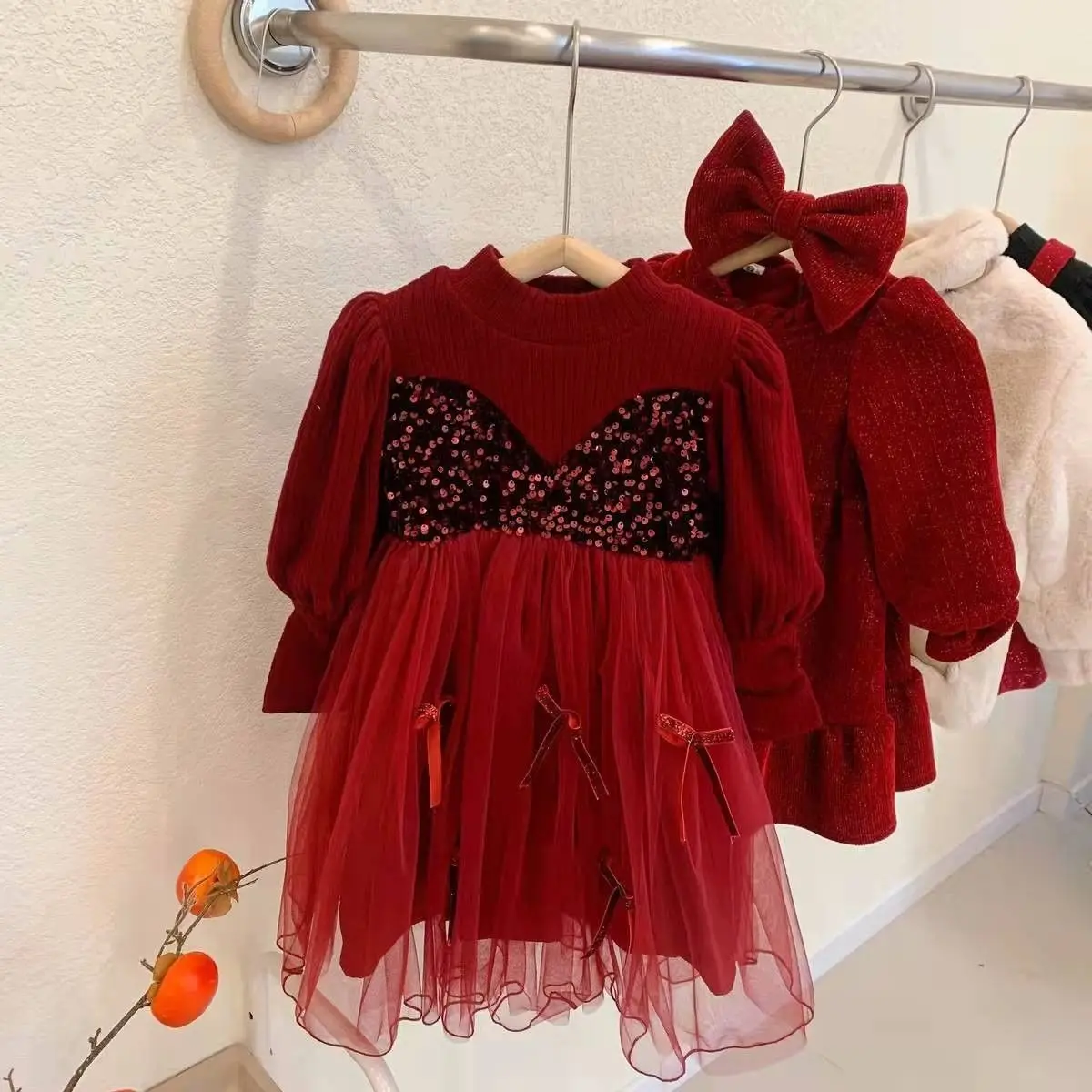 Autumn Children's Long Sleeve Dress New Girl Baby Red Sequins Poncho Princess Dress New Year Dress