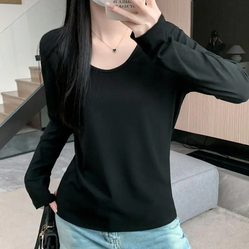 2026 nueva camiseta de invierno para mujer, camiseta blanca relajada con cuello en V de manga larga, camiseta básica ajustada, Top corto, ropa Sexy para mujer