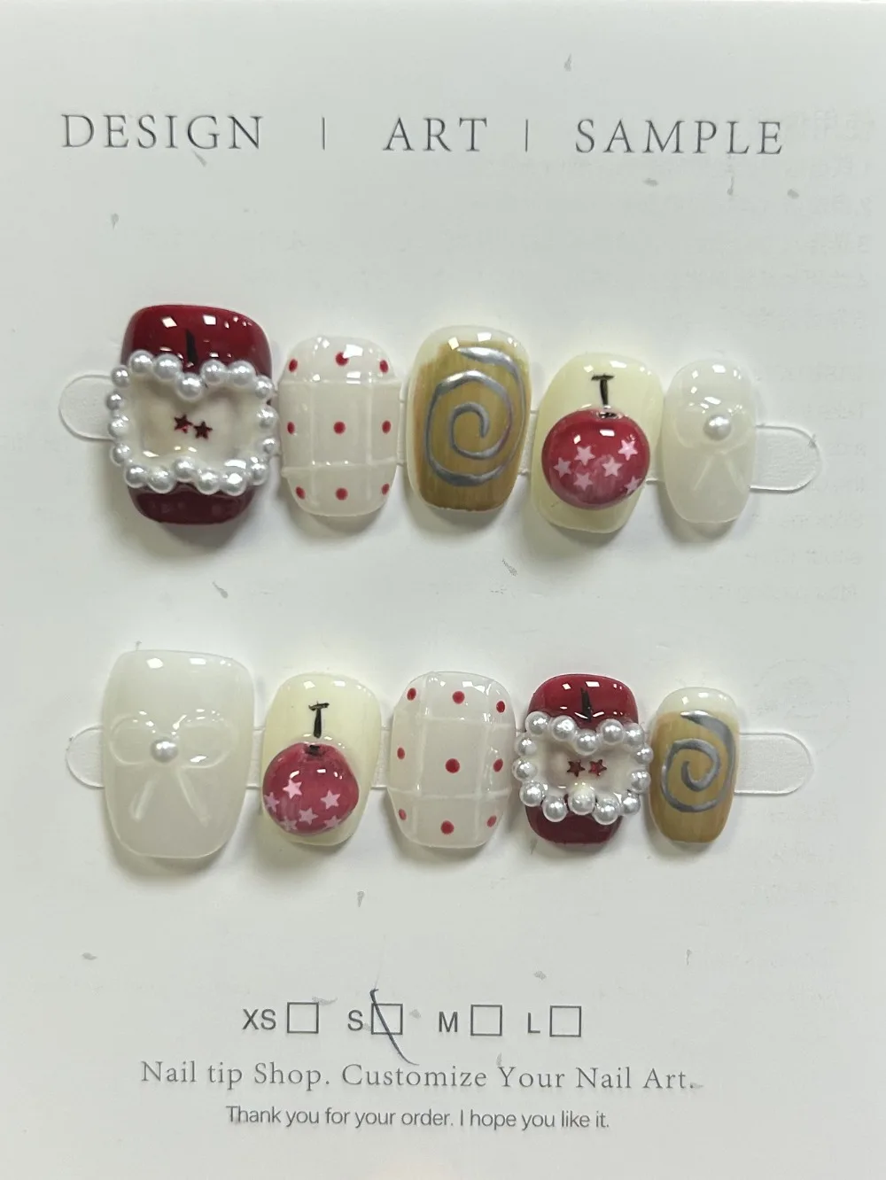 

10 Pieces Christmas Apple Star Blush Swirls Handmade Press On Nails New Year Red Pearl Bow Fake Nails Removable Reusable