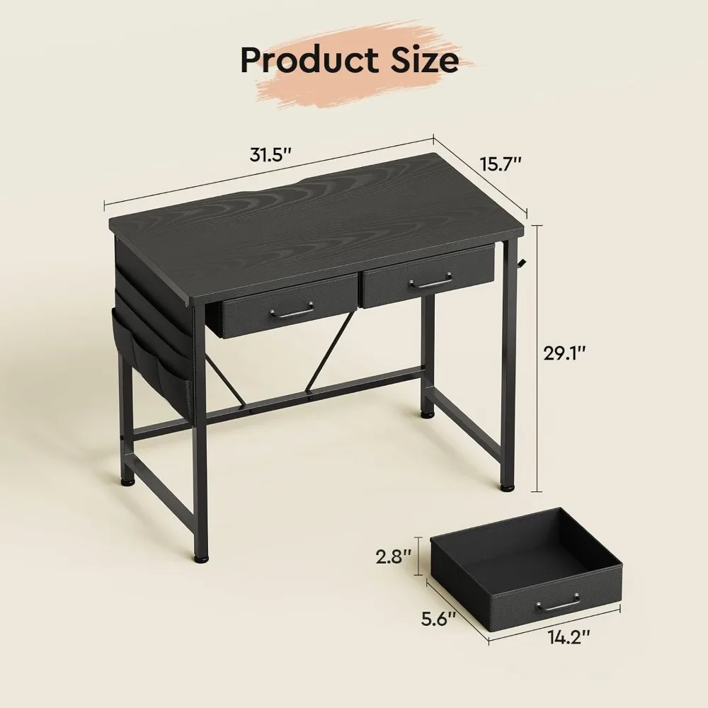 Compact 31.5 Inch Desk with Drawers, Metal Frame, Modern Small Office Computer Table, Black, Space-Saving Furniture for Home Off