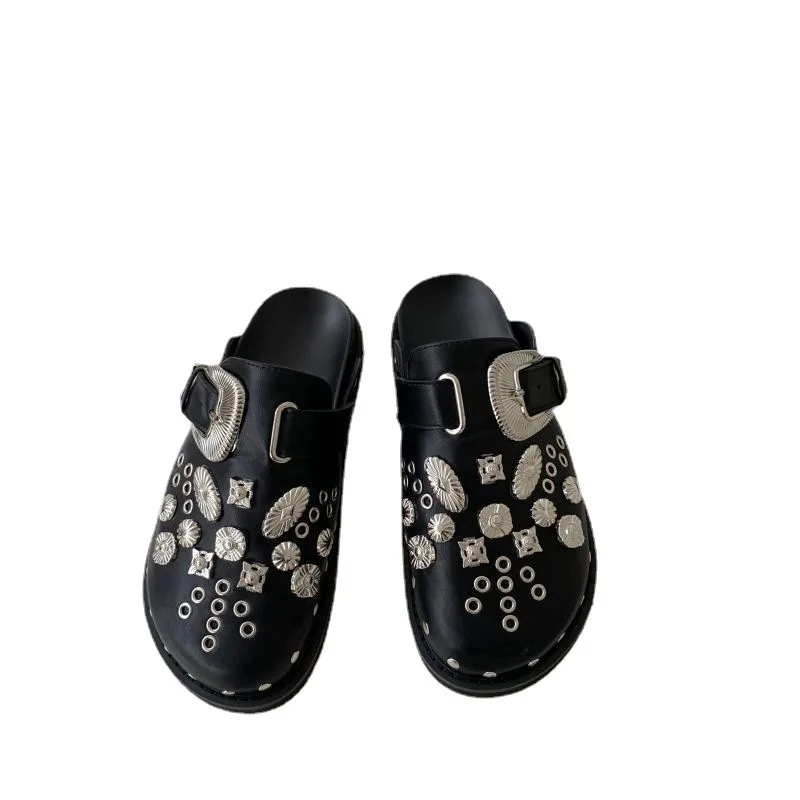 Summer Women Slippers Platform Rivets Punk Rock Leather Mules Creative Metal Fittings Casual Party Shoes Female Outdoor Slides