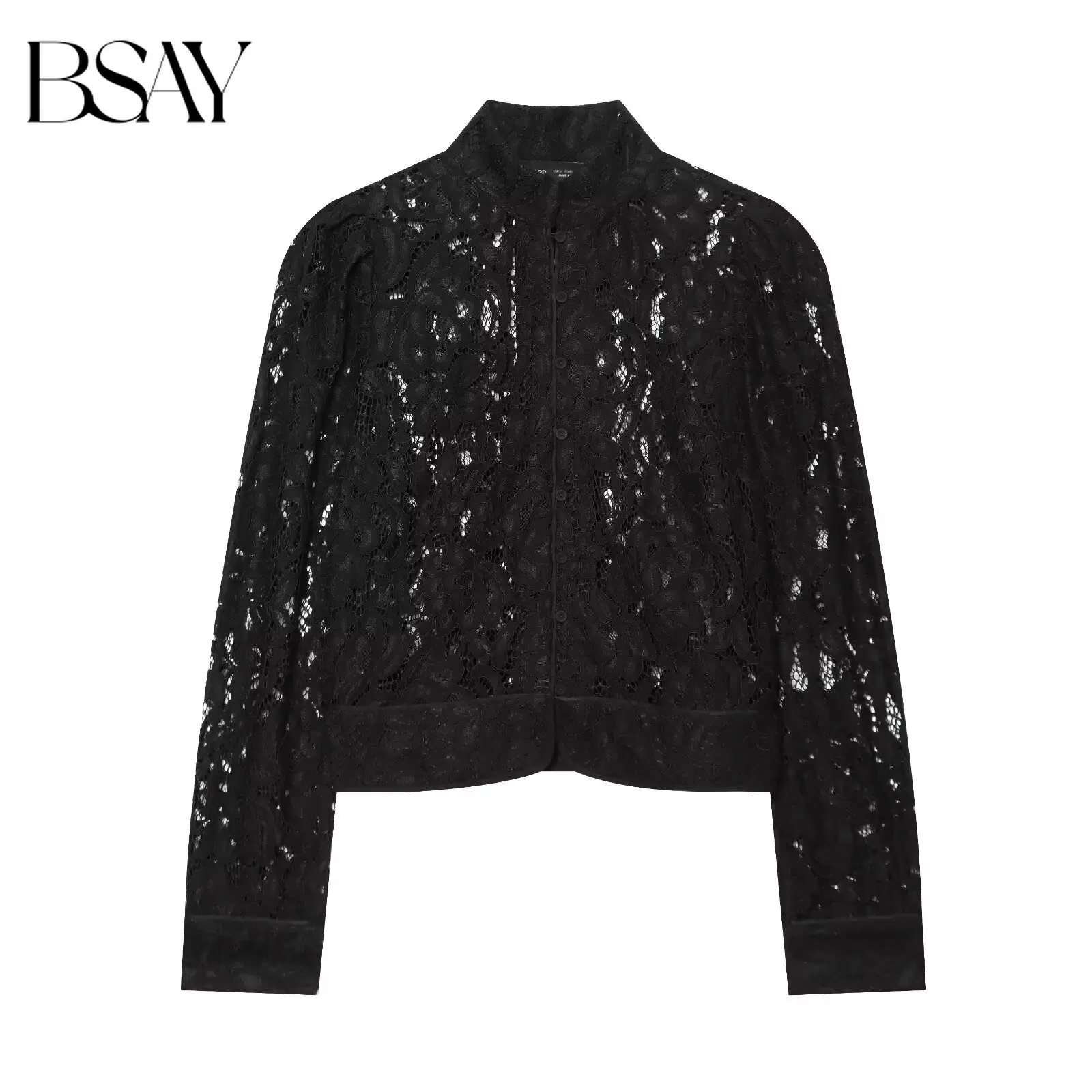 BSAY French Elegant Women Lace Cropped Blazer Stand Collar Long Sleeve Button Front Sheer Hollow Floral Lace Casual Outerwear