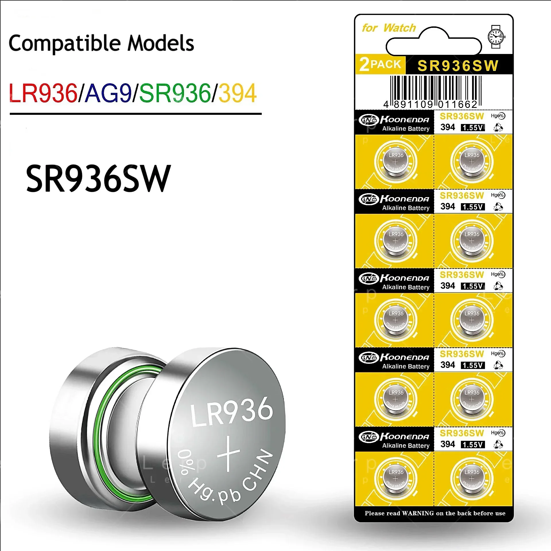 Botón SR936SW, batería de zinc y manganeso Modelo Compatible: AG9 394 394A LR936 L936F SR936SW