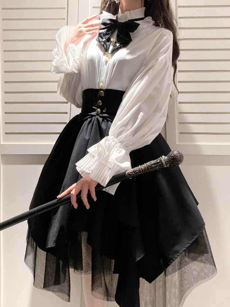 2024 ใหม่Retro Lolita Gothicเสื้อ + Harajuku Vintage Punkไม่สม่ําเสมอเอวCinchedตาข่ายกระโปรงสบายๆผู้หญิงStreetชุดกระโปรง