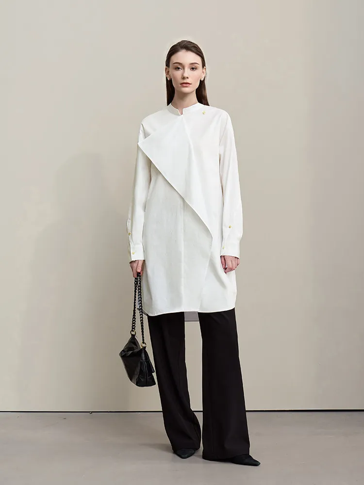 Amii レディースドレス 2026 春新作 スタンドアップネック コットンシャツドレス アシンメトリー ルーズ ドロップショルダー スリーブ 女性服 12641027