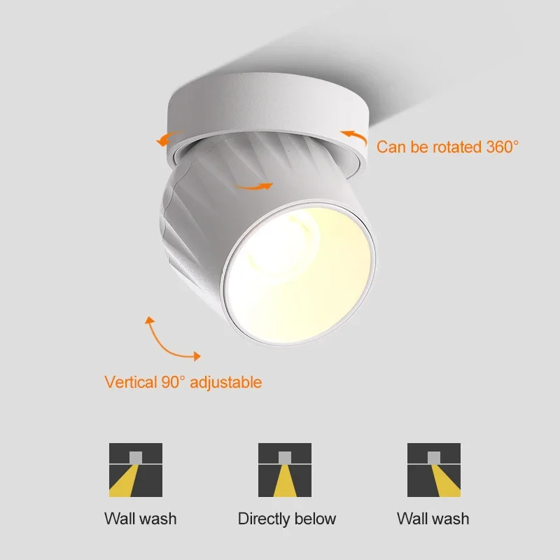 Downlight LED dobrável para casa, holofotes de teto, regulável, superfície de alumínio, holofote montado, cozinha e banheiro, 12W, 15W