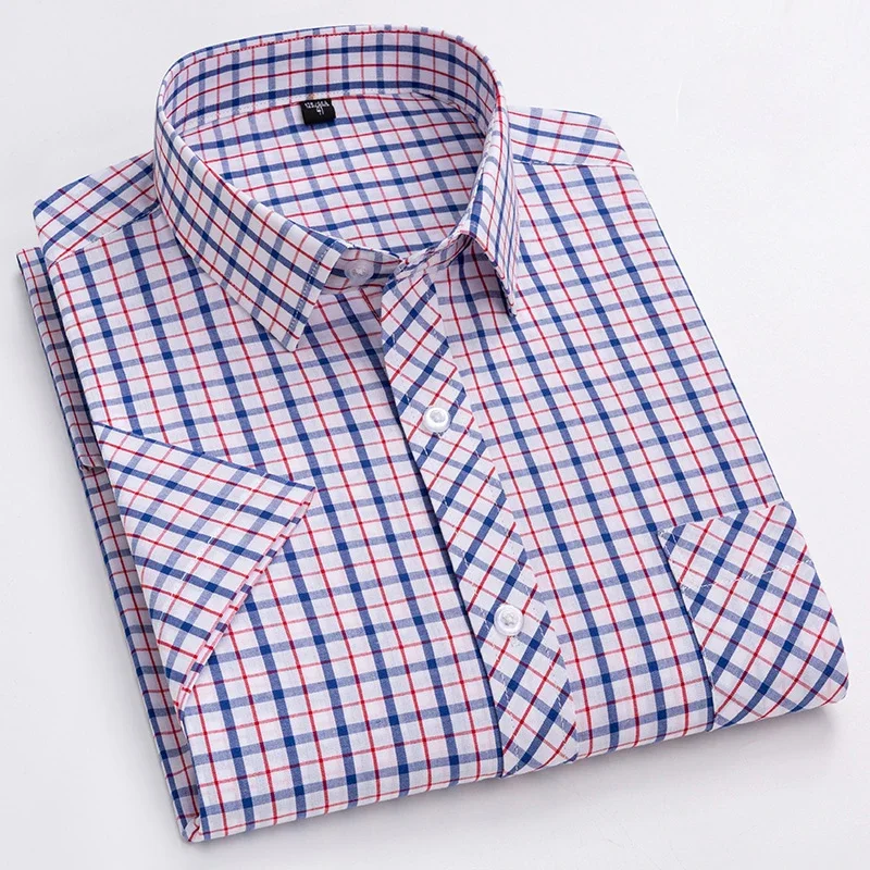 New in shirt summer thin 100%Cotton short sleeve shirts for men slim fit casual plaid tops soft fashion elegants retro clothes