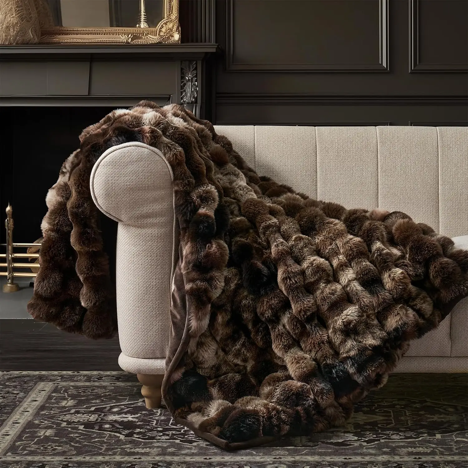 EverGrace Faux Rabbit Fur Bubble Throw Blanket, 60