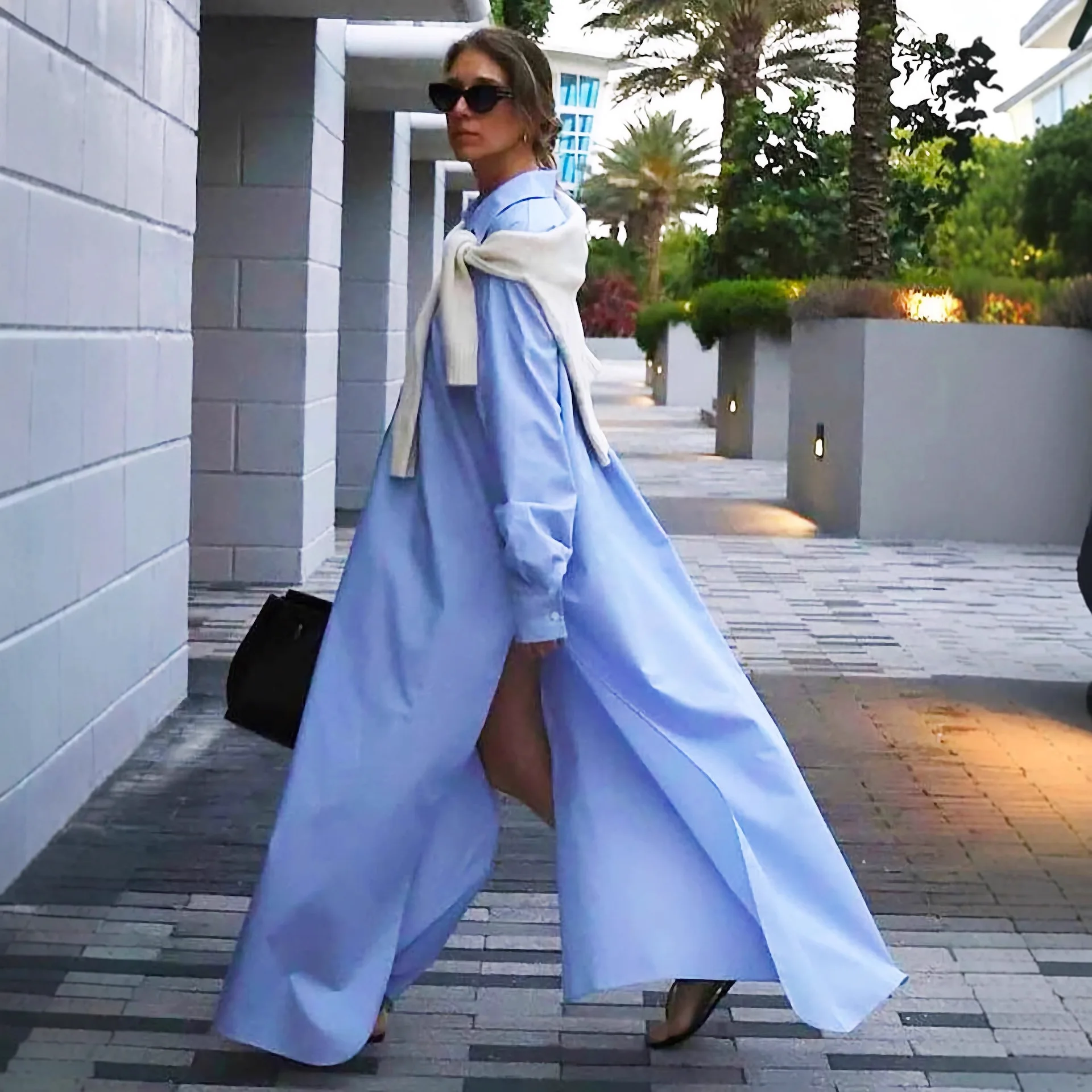 

Женское платье-рубашка 2026 с разрезом, отложным воротником, карманами, на одной пуговице, с длинными рукавами, на пуговицах, длинное, для офиса, весна