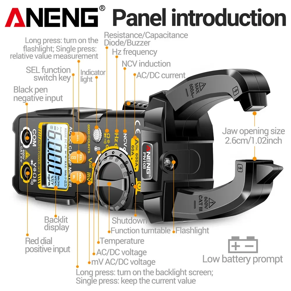 Clamp Meter Multimeter Professional Tester ANENG PN108 AC/DC Voltage 600A Current Non-contact Multimetro Temperature Detector