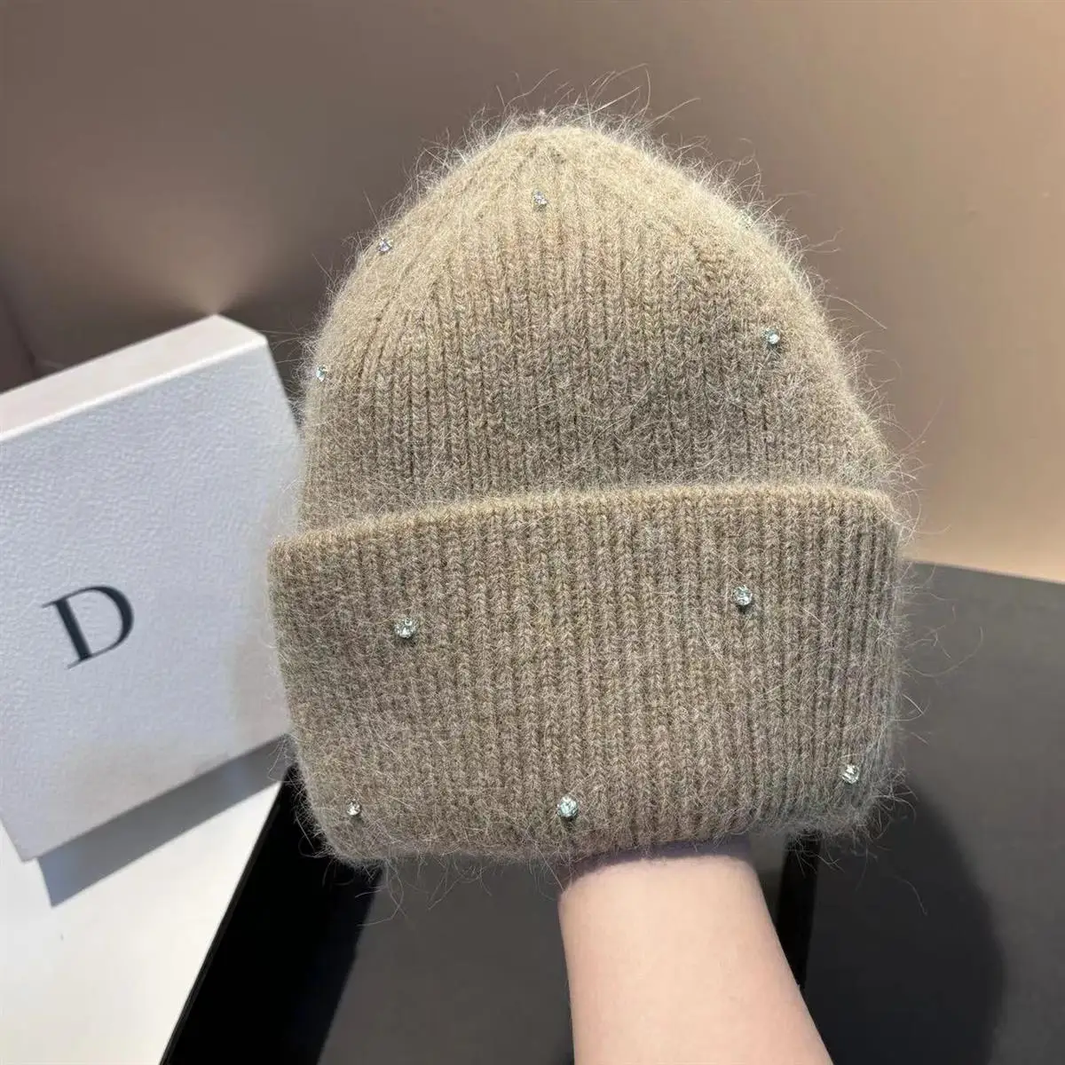 1 Stück Neue Winter-Strickmütze mit Strass, Modische und Warme Kaninchenfell-Ohrenschutzmütze, Doppelt Gefaltete Mütze – Detail 10