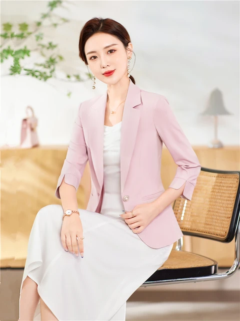 Women s Summer 2023 New In Thin Blazer Chic And Elegant Half Sleeve Blazer Coat Pink White Tops AliExpress