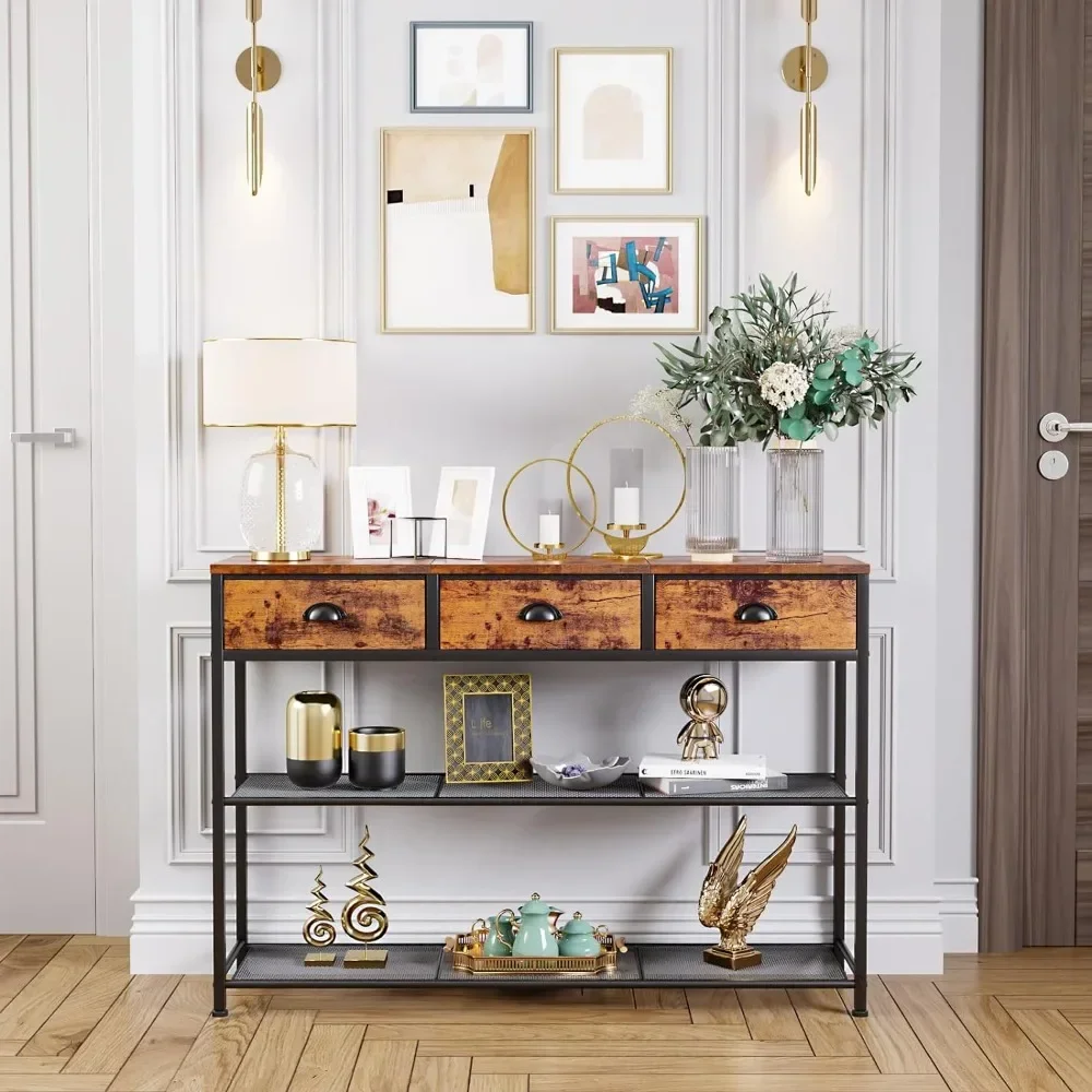 

Entryway Table,38 Console Sofa Table with3Fabric Drawers,Industrial Entry Way Table with Storage Shelves, Display Shelf