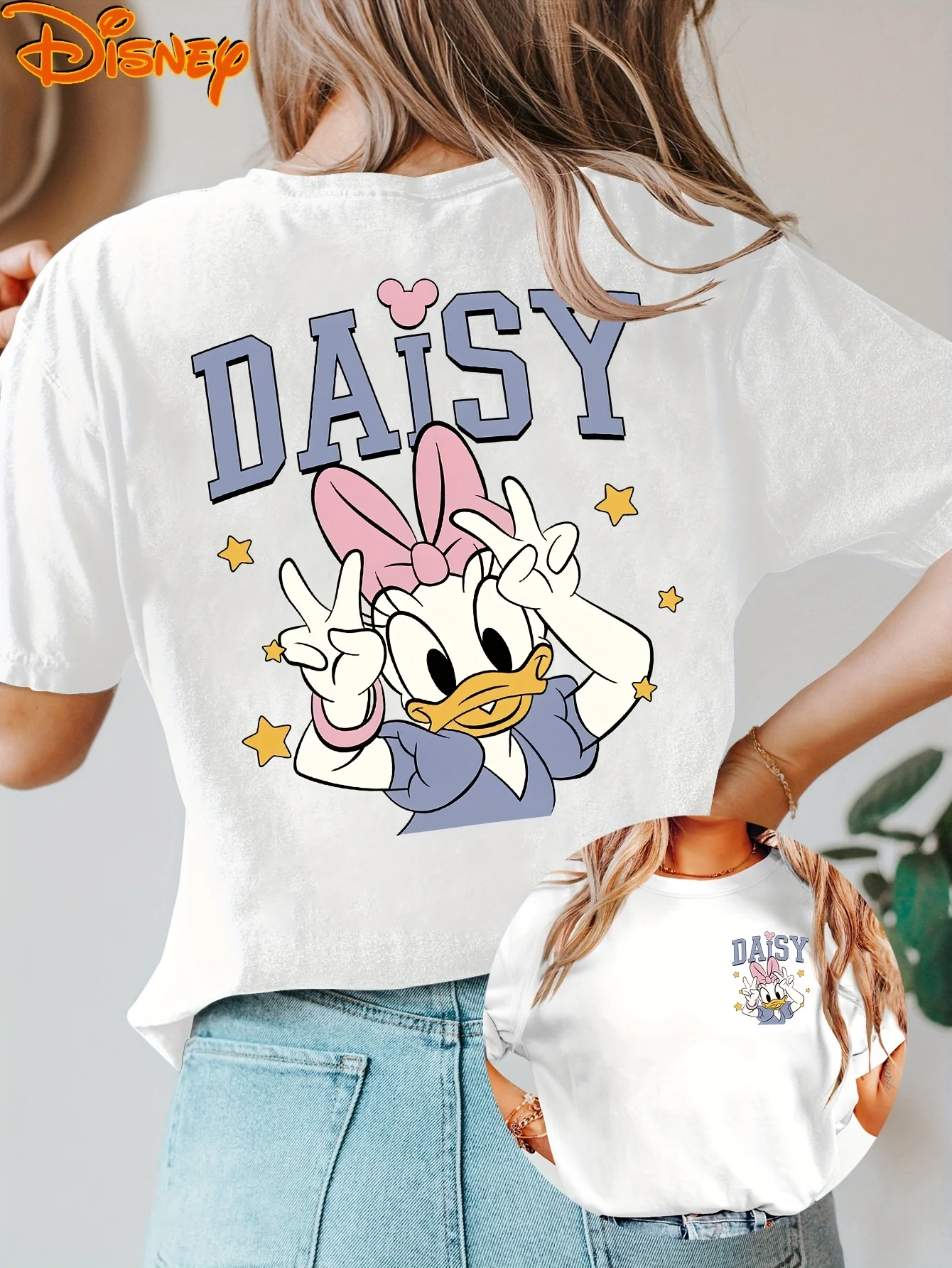 

Симпатичная и игривая двусторонняя футболка с изображением Дейзи Диснея, винтажная женская и мужская хлопковая футболка с короткими рукавами, уличная одежда для пар с круглым вырезом