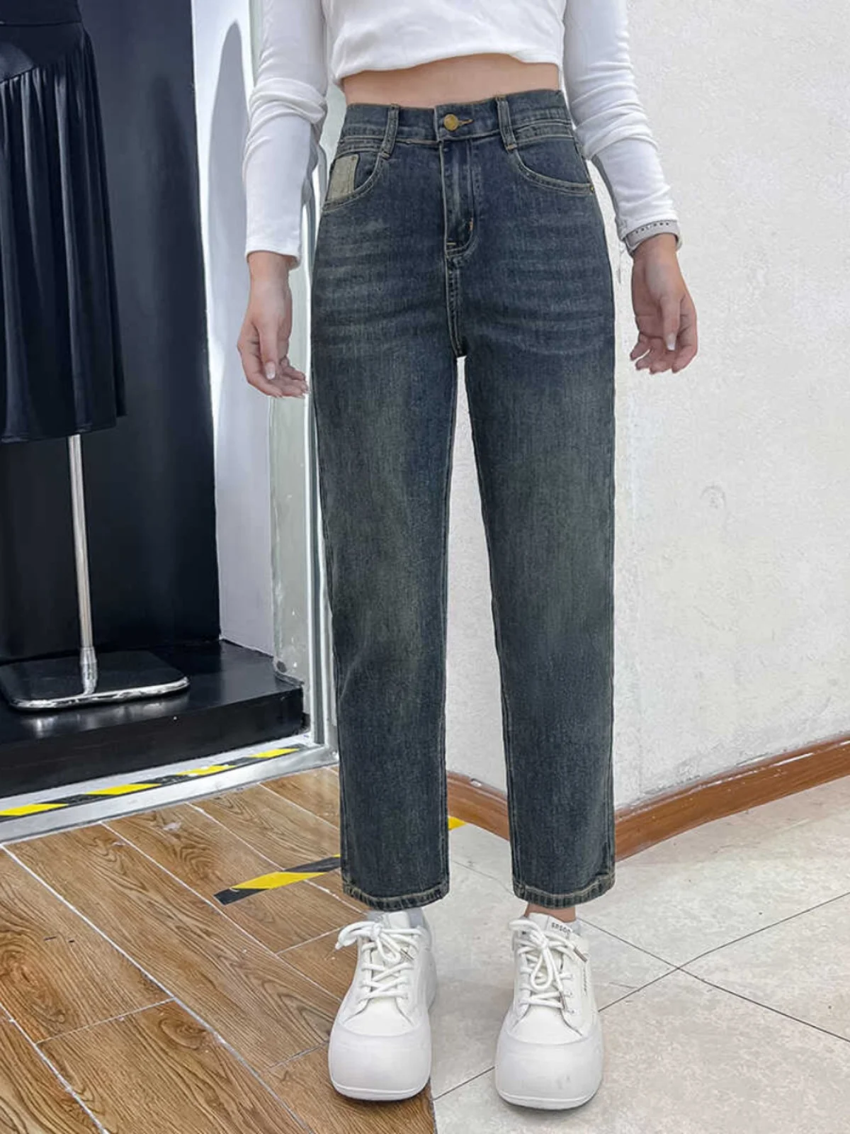 High Waist Elastic Denim Jeans plus Size Women's Fall New Style Slimming Nine-Piece Pear Shape Body Fit Straight Leg Jeans