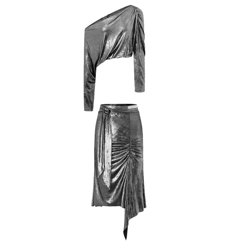 Adults Chacha Latin Dance Competition Costume Slanted Shoulder Latin Top Drawstring Skirt Women Ballroom Dance Wear SL11577