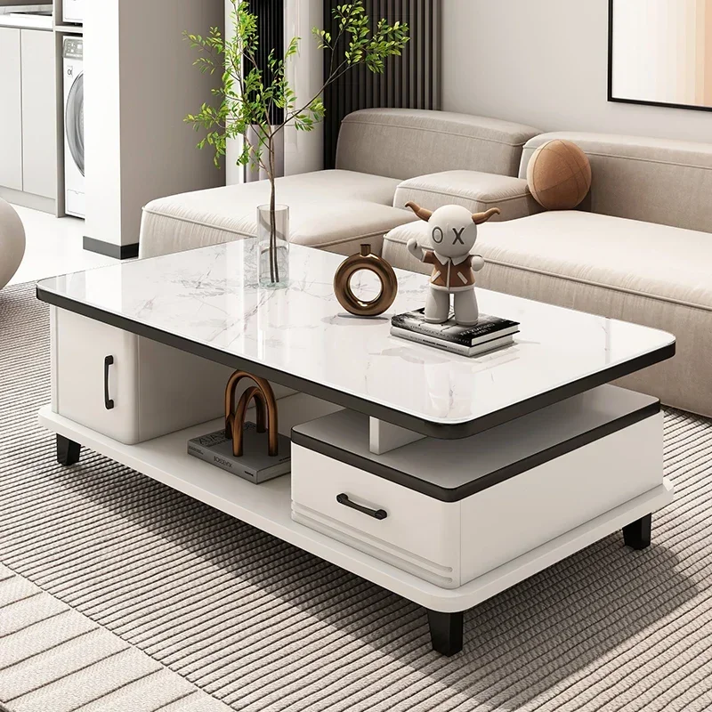 

Minimalist Shelf Coffee Tables Storage White Tempered Glass Nordic Modern Coffee Table Design Floor Mesita Auxiliar Furniture
