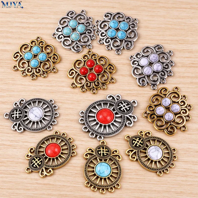 MJYA 5pcs Retro Bohemia Turquoise Connector,Multi Hole Alloy Charms For DIY Ethnic Western Ornament Jewelry Supplies Accessory