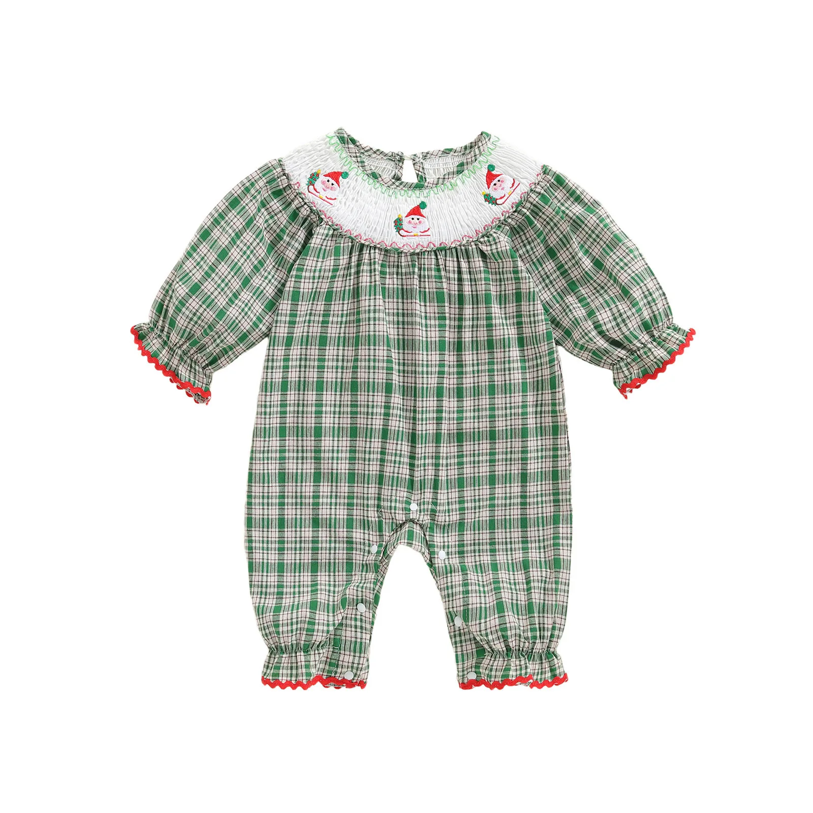 

Baby Girl Plaid Bubble Romper Christmas Smocked Round Neck Long Sleeve Santa Embroidery Jumpsuit