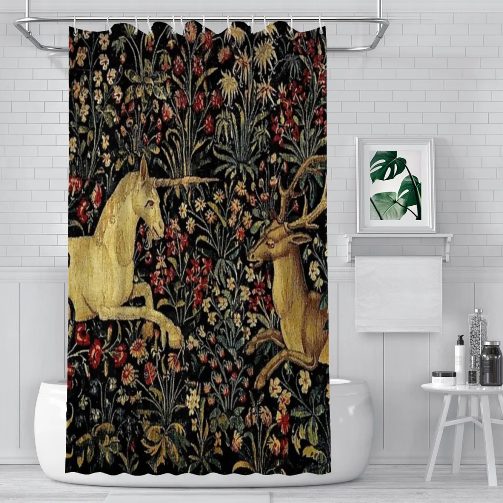 Medieval Unicorn Midnight Floral Tapestry Bathroom Shower Curtains Waterproof Bath Curtain Bathroom Shower Accessories