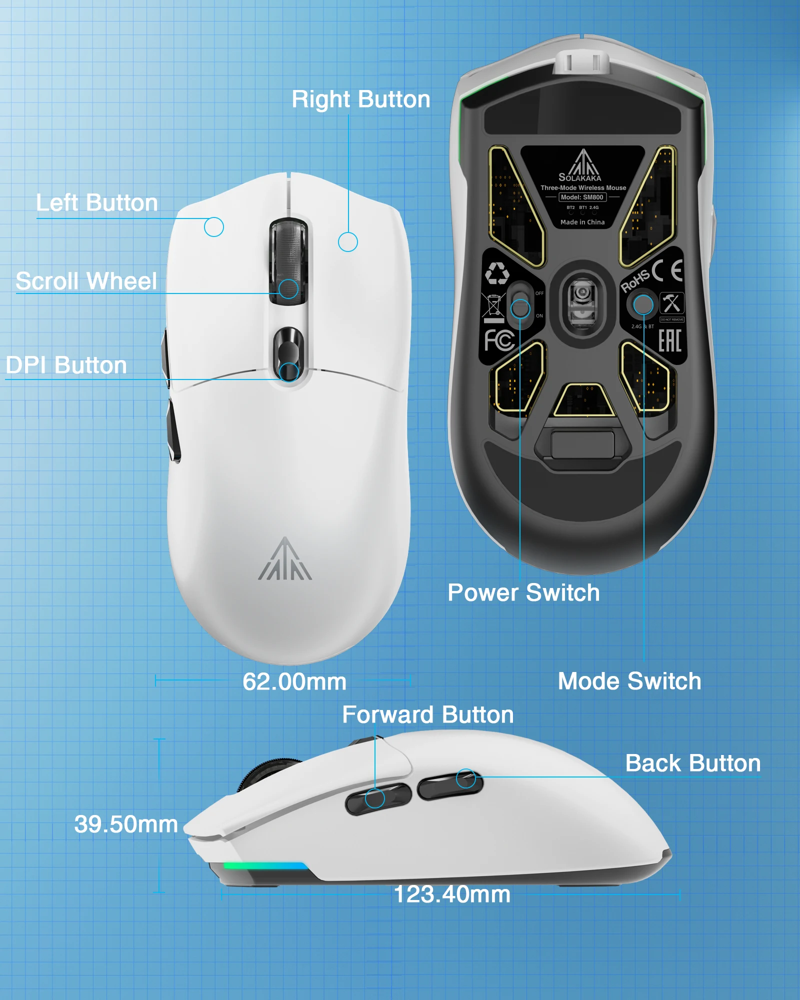 Imagem -06 - Mouse sem Fio Gaming Botões Macro Bluetooth 2.4g Grau Esports Sensor Paw3395 Solakaka-sm800