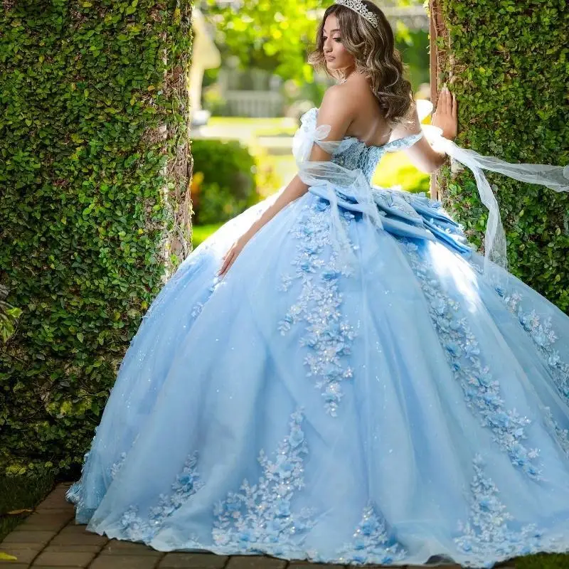 Sky Blue Quinceanera Dress For Sweet 16 Off The Shoulder Applique Lace Beaded Crystal Tull Graduatin Party Prom Dress vestidos