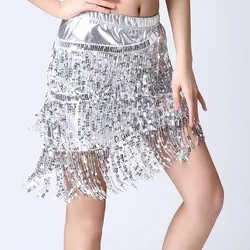 Womens Sparkly Sequin Tassel Skirt Latin Dance Performance Costume Clubwear Elastic Waistband Patent Leather Fringed Skirts