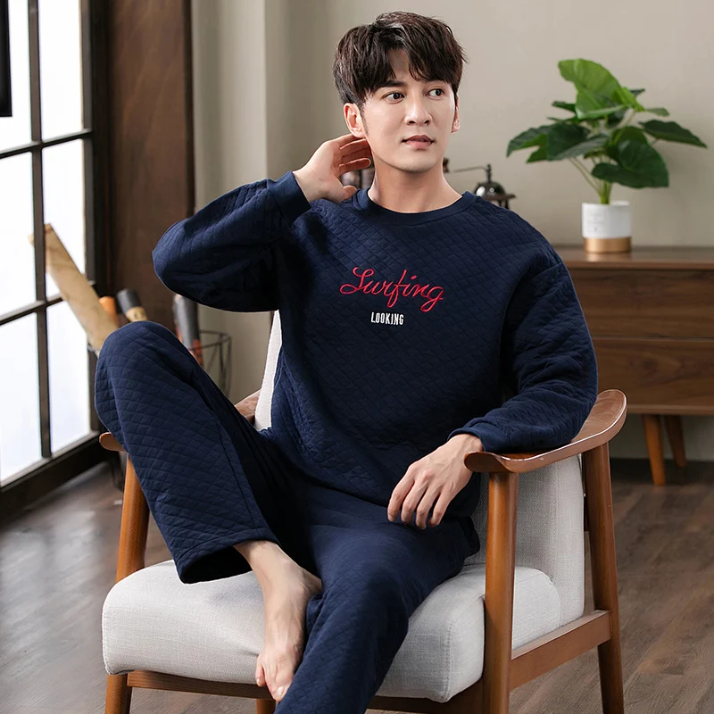 Winter Cotton Mezzanine Pyjamas Thin Quilted Men's Pajamas Set O-Neck Sleepwear Pyjamas Nightwear Big Yards M-3XL Pijamas Hombre